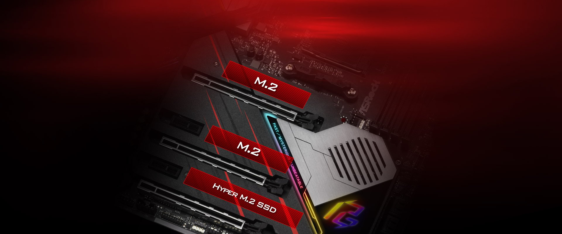 Highlight graphic showing the three M.2 slots on the ASRock X570 Phantom Gaming X Motherboard, with the third bottom one being Hyper M.2