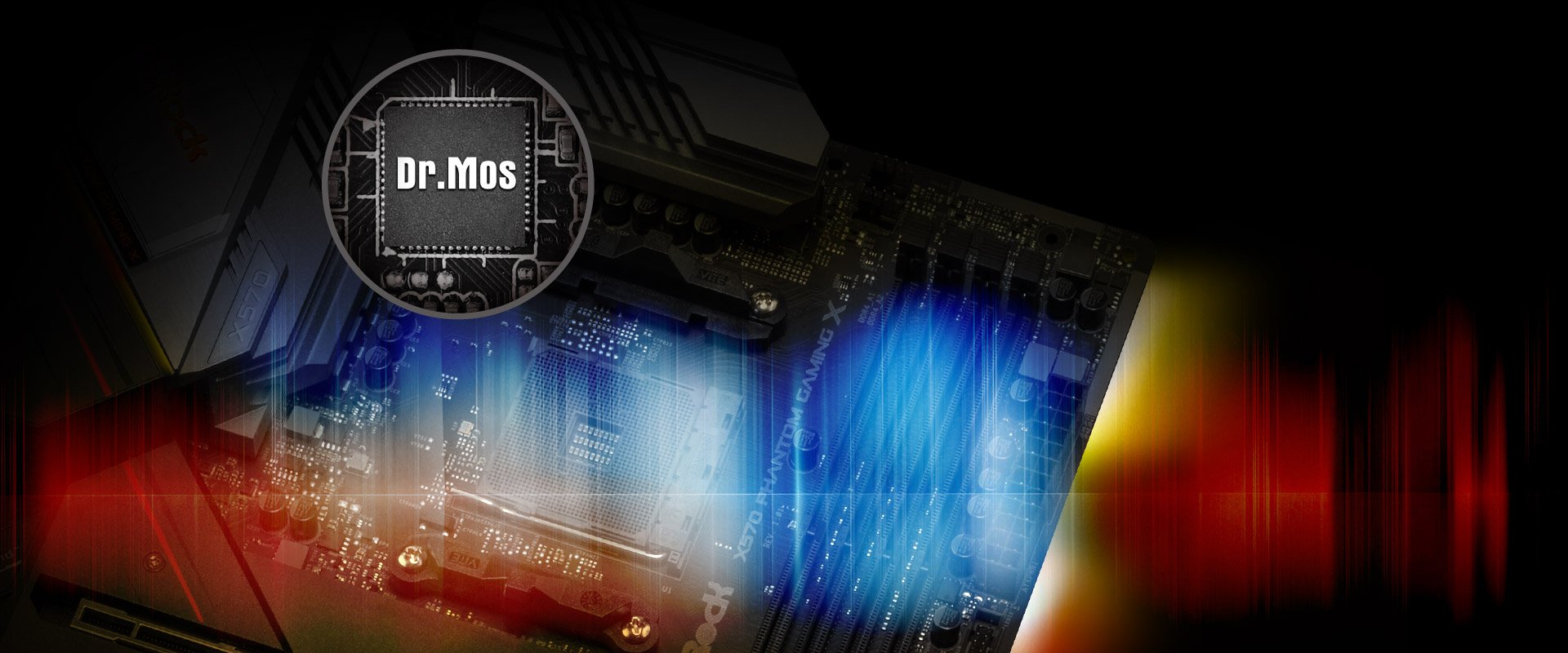 DR MOS Chipset above a color-spectrum filtered ASRock X570 Phantom Gaming X Motherboard