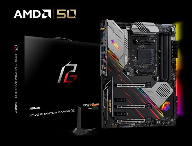 ASRock X570 Phantom Gaming X Standing Up, Angled to the Right Next to Its Product Box and the AMD 50 Years Logo