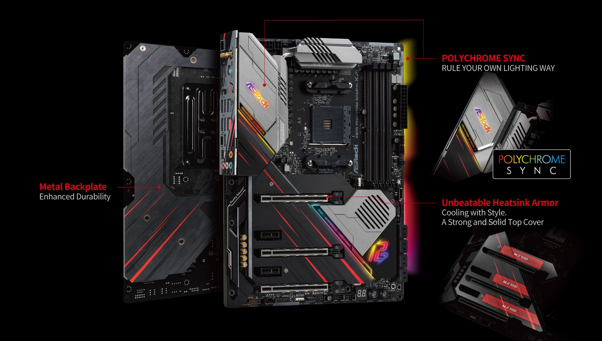 Two ASRock X570 Phantom Gaming X Motherboard Back to Back along with text and graphics pointing out the following features: Metal backplate for enhanced durability, Polychrome Sync to rule your own lighting way and unbeatable heatsink armor to cool with style via this strong and solid top cover