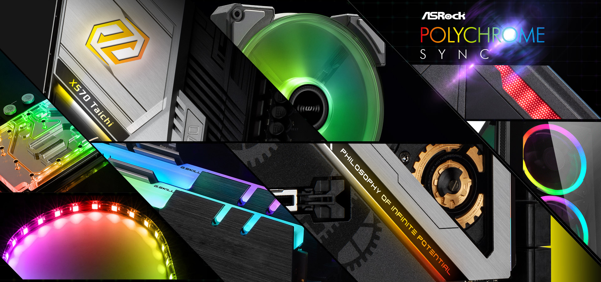 Different Closeup Shots of RGB-Lit Components and the RGB-Lit Areas on the ASRock X570 Taichi Motherboard
