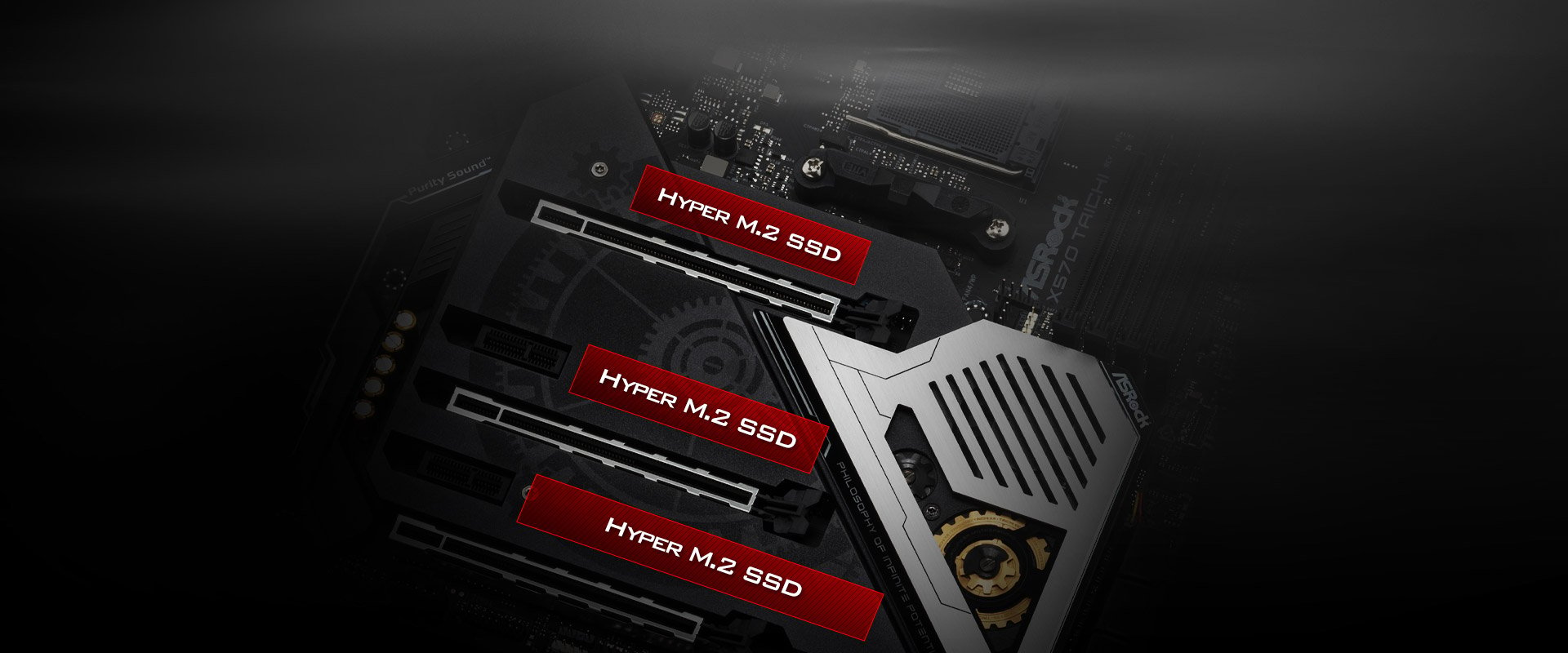 Highlight graphic showing the three M.2 slots on the ASRock X570 Taichi Motherboard, with the third bottom one being Hyper M.2