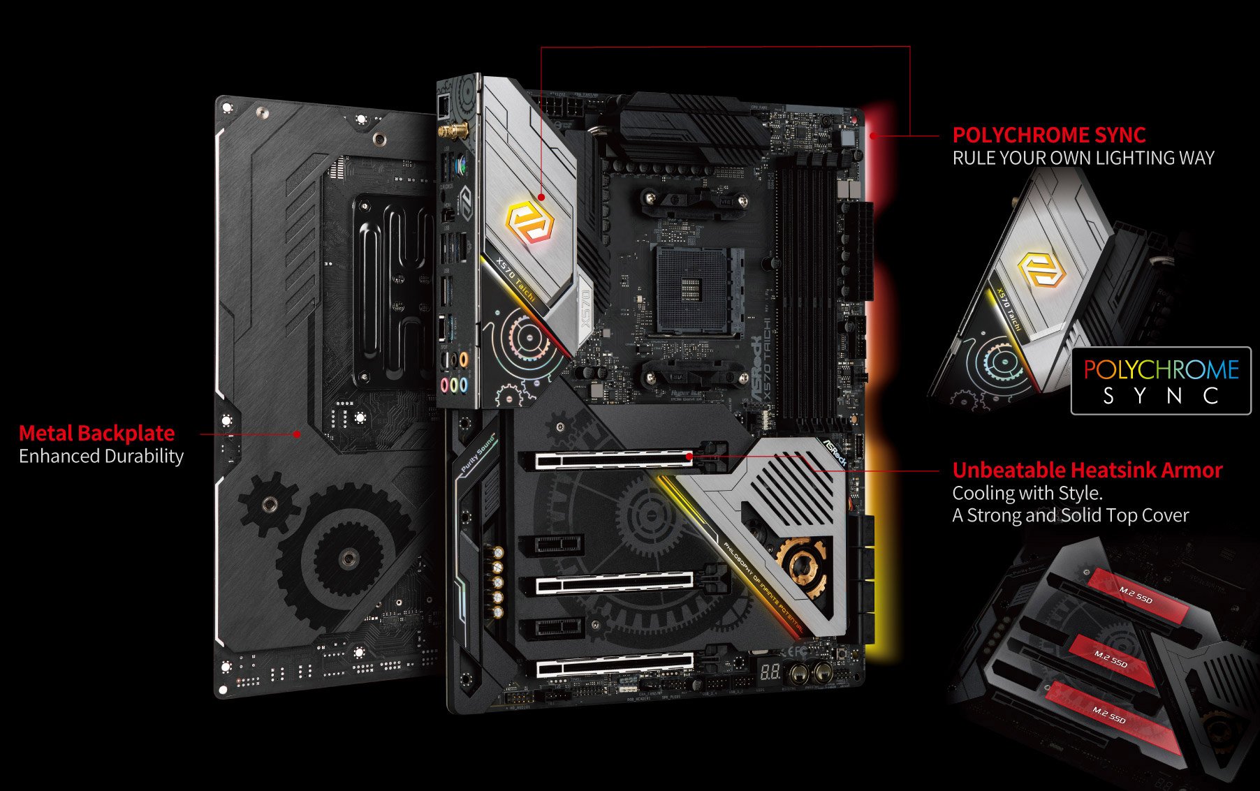 Two ASRock X570 Taichi Motherboard Back to Back along with text and graphics pointing out the following features: Metal backplate for enhanced durability, Polychrome Sync to rule your own lighting way and unbeatable heatsink armor to cool with style via this strong and solid top cover