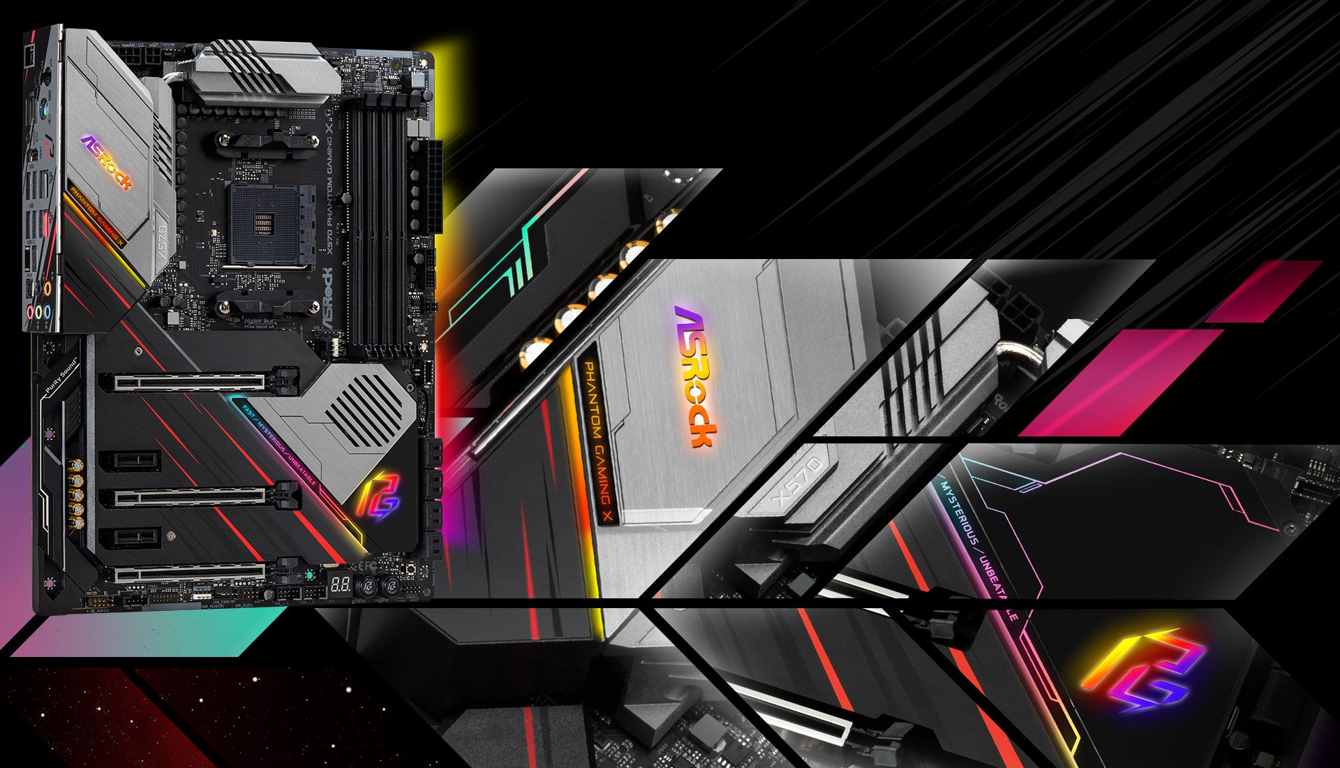 ASRock X570 Taichi Motherboard, Standing Up, Slightly ANgled to the Right with Graphics Showing Its RGB Lighting along with a geometrically split background image showing pieces of the motherboard