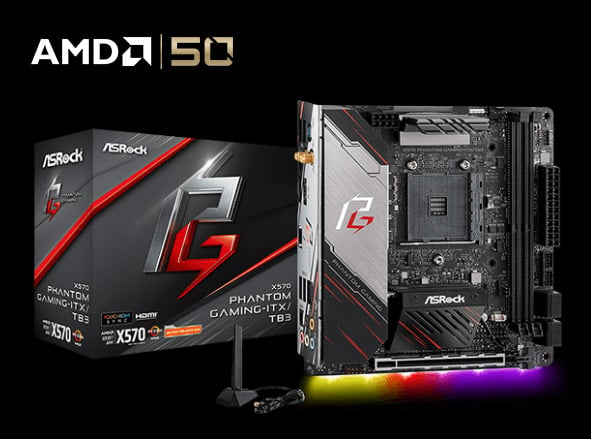 X570 Phantom Gaming-ITX/TB3 Motherboard Next to Its Product Box, WiFi Device and AMD 50 Logo