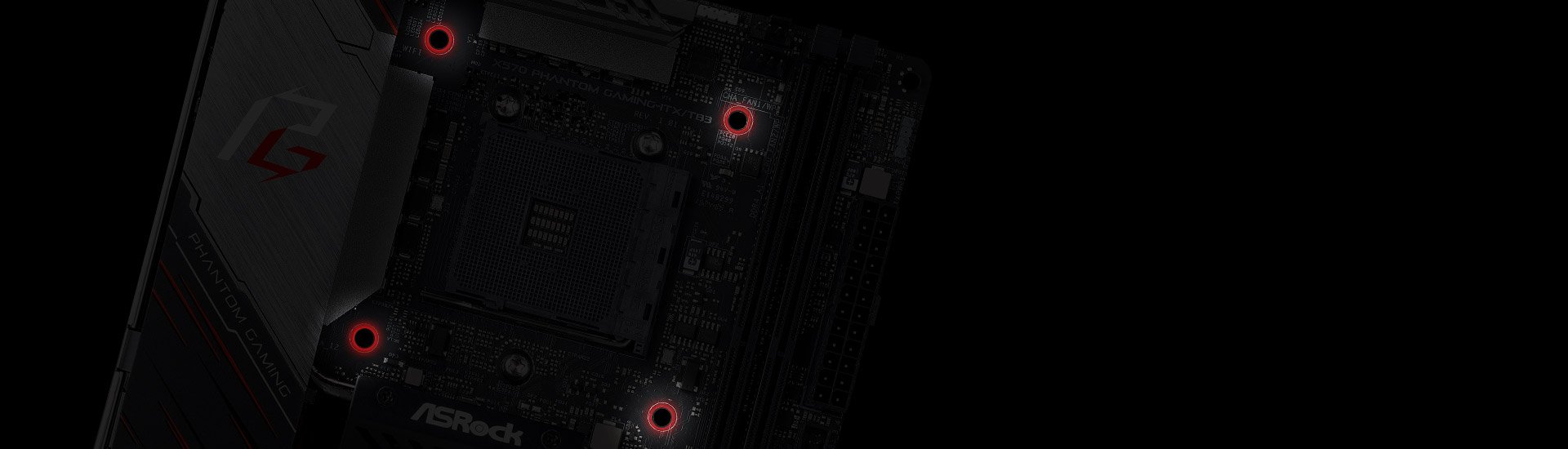Red Highlights For the Three Mounting Holes on the ASRock X570 Phantom Gaming-ITX/TB3 Motherboard