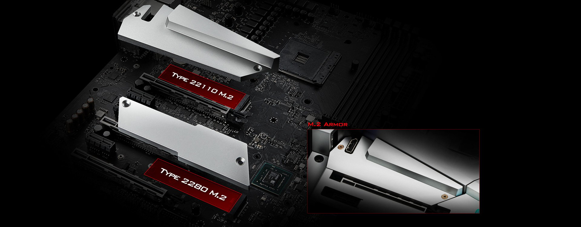 the detail of the Dual Hyper M.2 For SSD and M.2 Armors of the motherboard