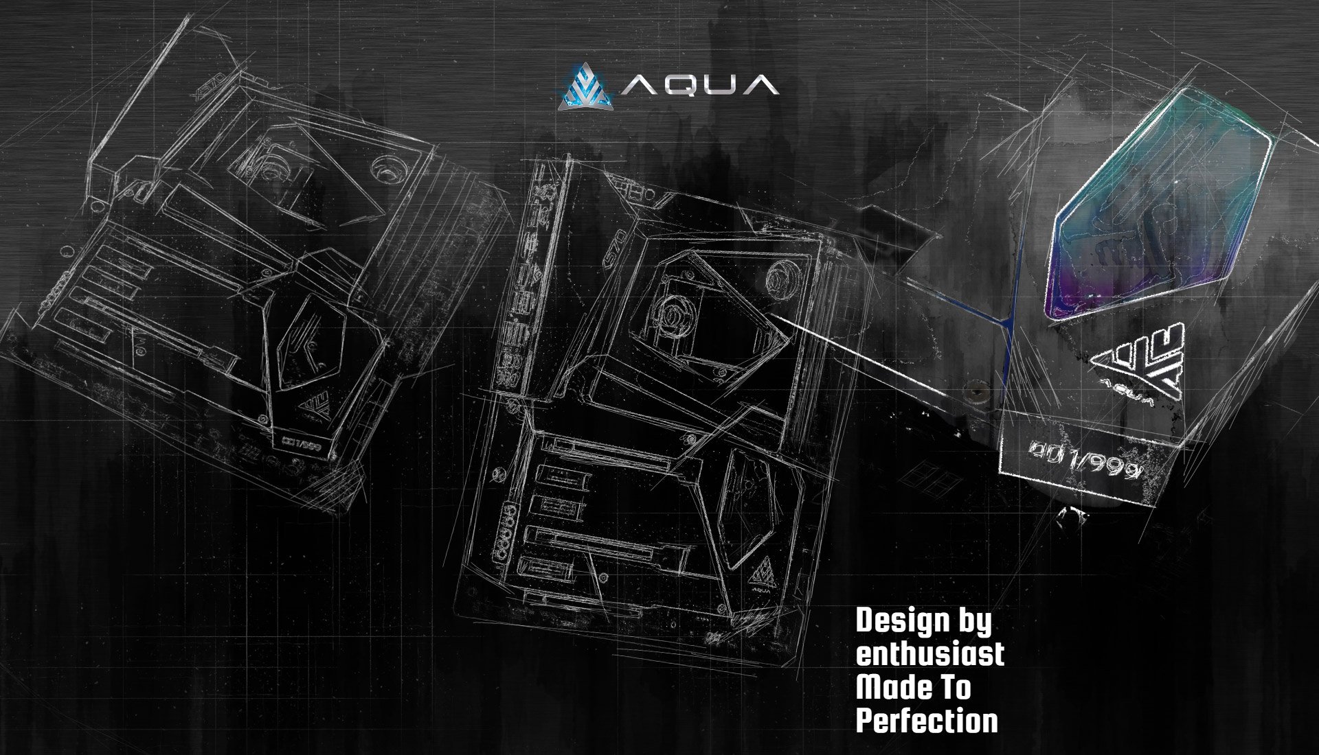 three sketches of the ASRock X570 motherboard