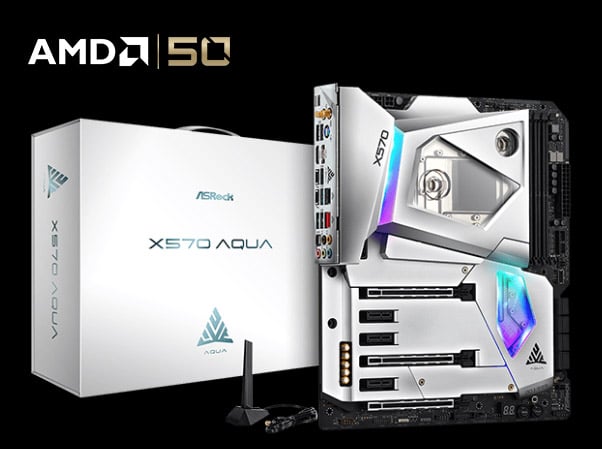 X570 AQUA motherboard standing up next to its product box