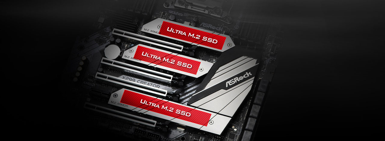  Closeup of three M.2 slots with heatsinks, with texting marking out these slots   