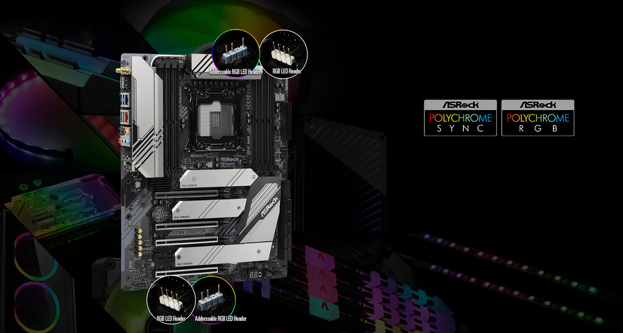  At left is front left side angle view of the motherboard, with closeup of RGB headers and addressable RGB headers. At right is logo of ASRock Polychrome Sync and Polychrome RGB  