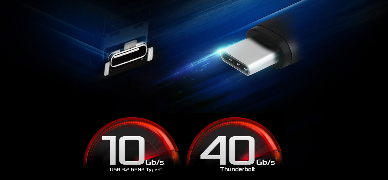  At upper part is closeup of a female and male USB-C connector. At lower part is two tachometers, one containing texts reading as 10Gb/s USB 3.2 Gen2 Type-C, and the other containing 40 Gb/s Thunderbolt  