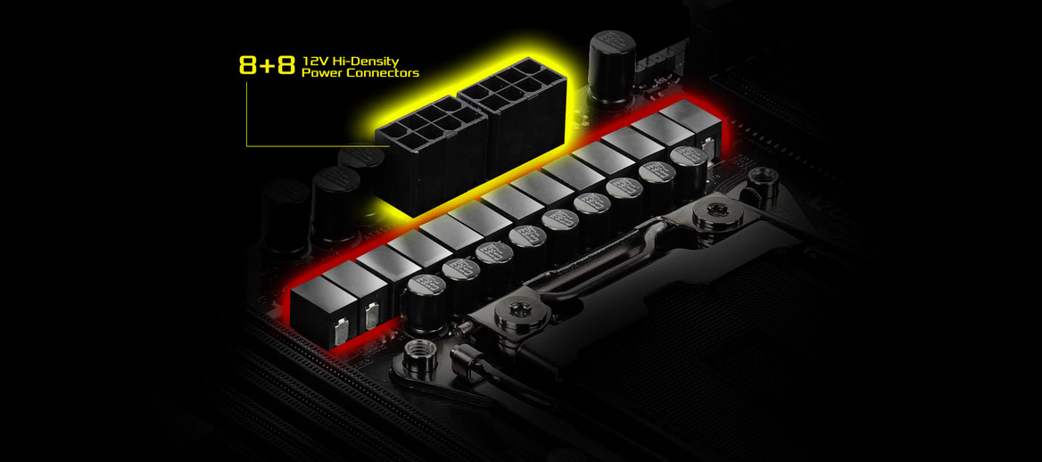   Closeup of power phase design on the motherboard, with the 8+8 power connectors highlighted and power chokes highlighted 