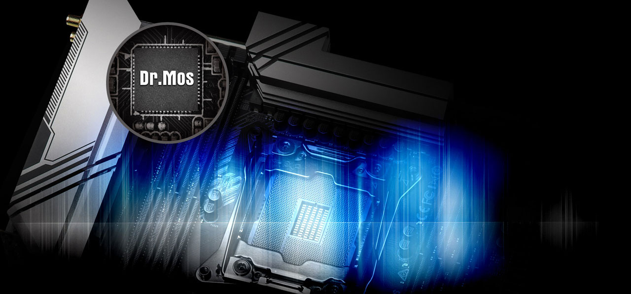   Closeup of the CPU socket on the motherboard, with closeup of Dr.Mos chip 