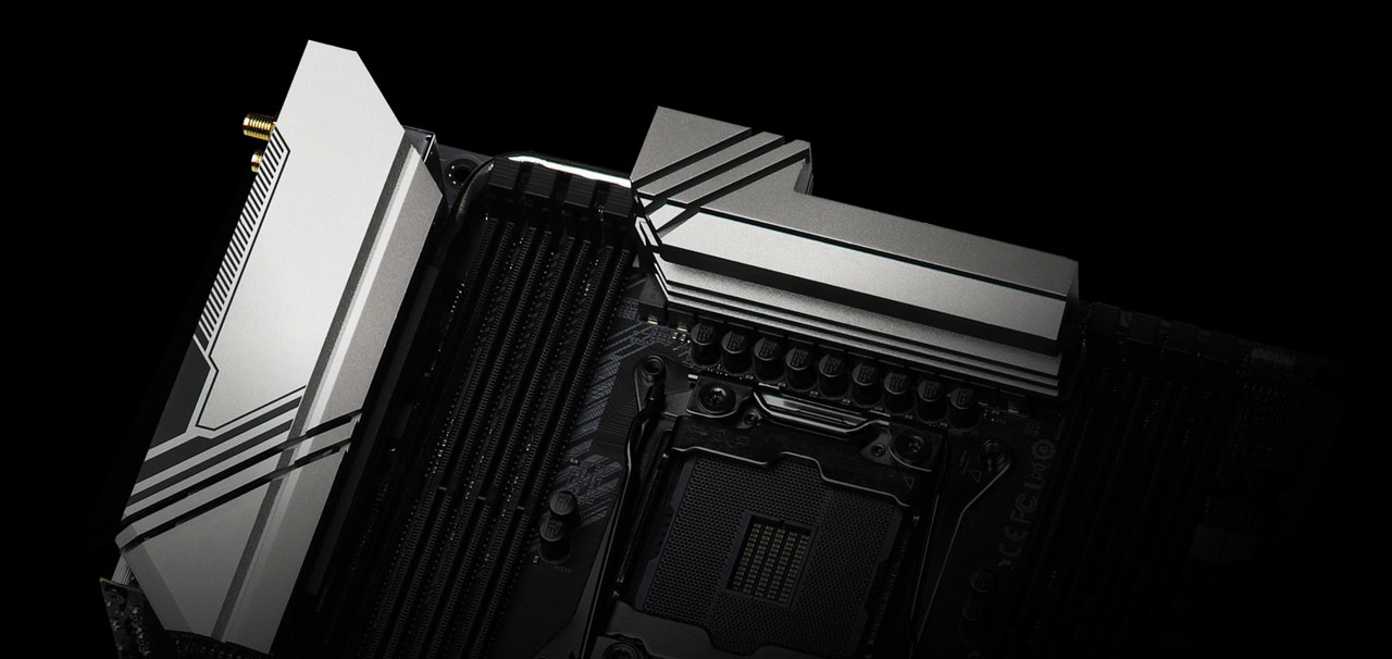  Closeup of heatsinks with heatpipes on the motherboard  