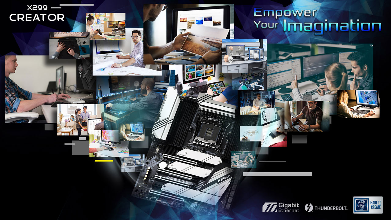  At bottom center of this picture is top view of the ASRock X299 CREATOR motherboard, surrounded by photos in which creators are working in front of computers  