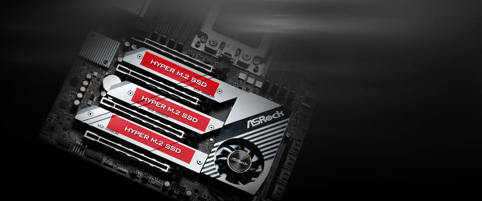 the detail of the Dual Hyper M.2 For SSD and M.2 Armors of the motherboard