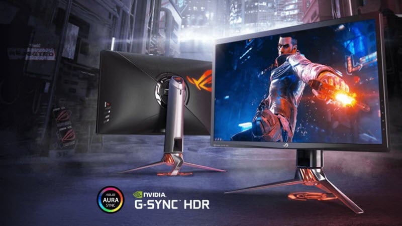 two ASUS monitors beside a NVIDIA G-SYNC logo