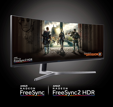 Wideview monitor showing the game art for Ubisoft's The Division 2 as well as Radeon FreeSync and Radeon FreeSync 2 HDR logos