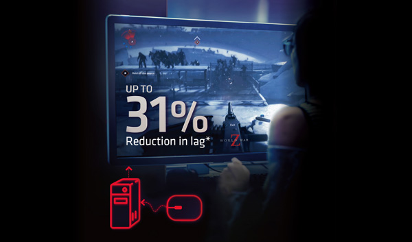 a person playing World War Z, a 31% reduction in lag shown on the sceen