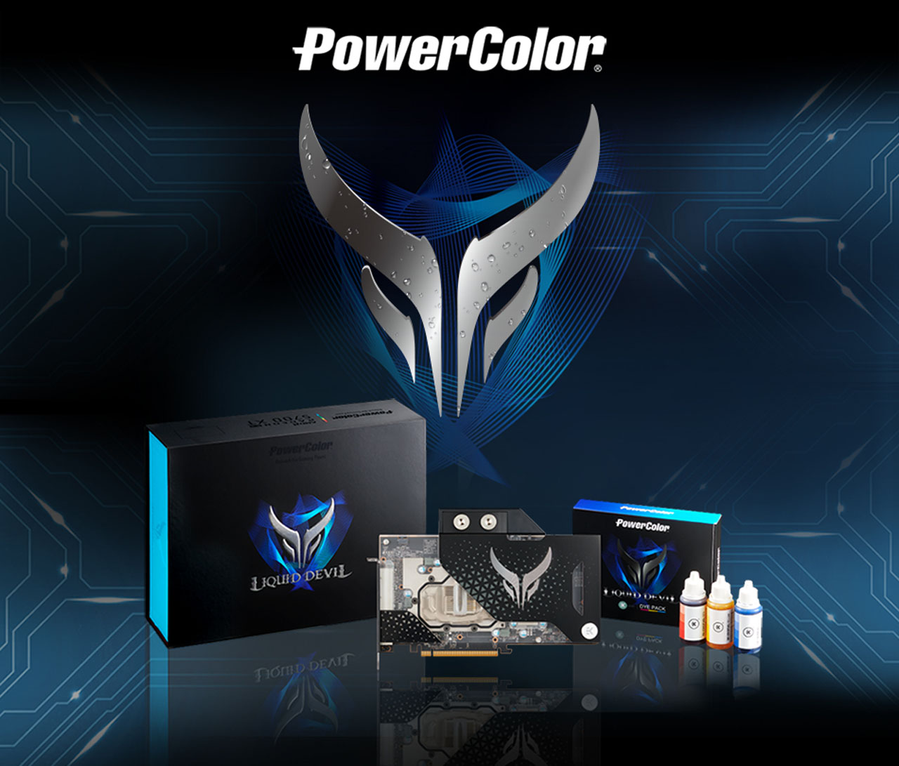 PowerColor logo and Liquid Devil Radeon RX 5700 XT facing forward and packing box