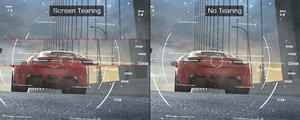 Two game screenshots of a red sports car driving on a bridge. The left image is distorted with the header of Screen Tearing and the right image is smooth with a header that reads No Tearing