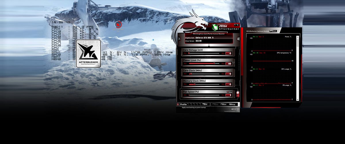 MSI AFTERBURNER Software Window in Front of a Snowy Scene from a Game