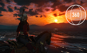 A Female Game Character Looking Out Over the Ocean at a Sun Setting Toward Hills