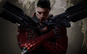 A Male Character with Two Shotguns Crossed in Front of Him