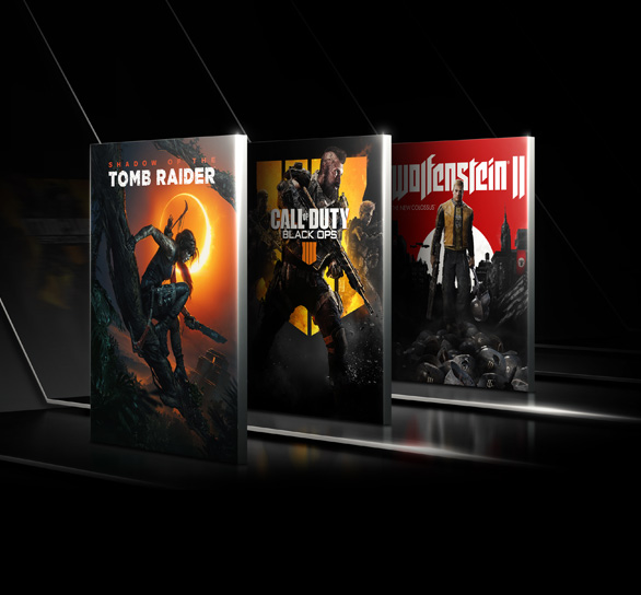 Tomb Radier, Call of Duty Black Ops 4 and Wolfenstein II Box arts lined standing up, behind one another facing to the left