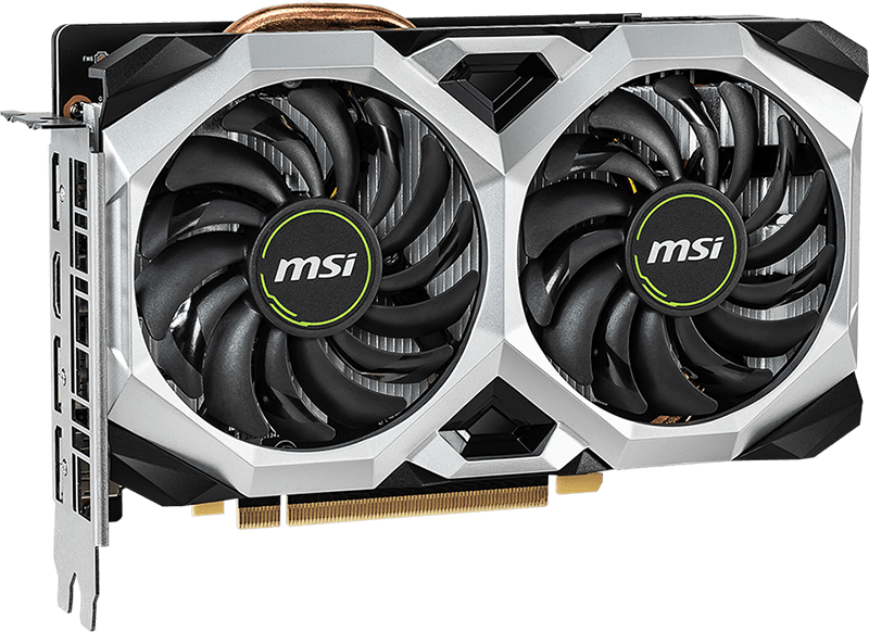 The MSI GTX 1660 Ti VENTUS XS OC graphics card facing slightly to the right