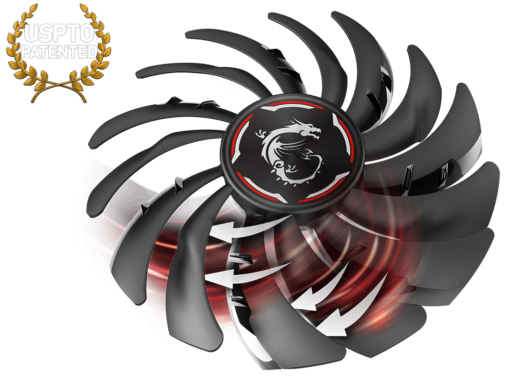 an msi graphics-card fan facing up to the left with red graphics and white arrows showing movement. Above the fan is a USPTO Patented logo