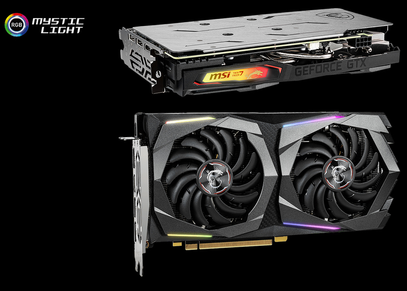 Two images of the GTX 1660 GAMING X 6G graphics card. The top image is the graphics card lying on its face angled slightly down to the right. The bottom image is the graphics card standing up vertically facing slightly to the right. To the top left of the image is the RGB Mystic Light logo