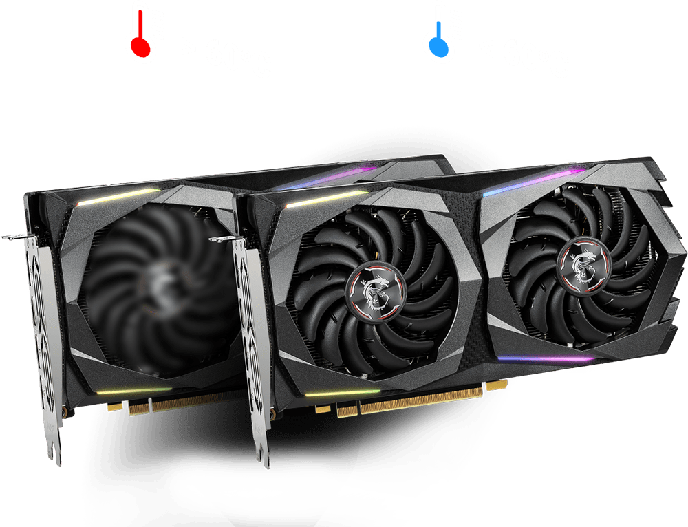 Two GTX 1660 GAMING X 6G graphics cards floating horizontally next to one another but one is behind the front one with a blurred out graphics card indicating fan movement. Above the fan with blurred fans in a red thermometer and text that reads: more than 60 degrees celcius. Above the front graphics card whose fans are still is a blue thermometer and text that reads: less than 60 degrees celcius
