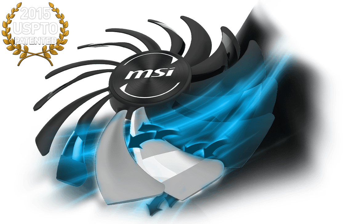 MSI Torx 2.0 fan facing up to the left spinning with blue graphics and arrows. The 2015 USPTO PATENTED badge is above the fan top-left