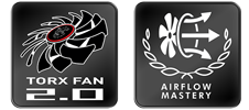 Icons and text for TORX FAN 2.0 and AIRFLOW MASTERY
