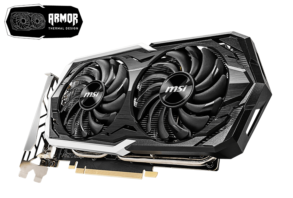 GTX 1660 ARMOR 6G OC Graphics card facing up to the left with the Armor Thermal Design text and logo in the top left corner