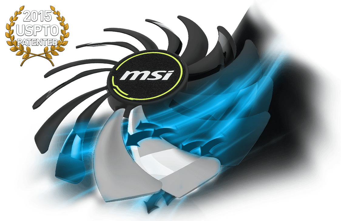 MSI GeForce RTX 2070 Graphics Card's Spinning Fan Next to the 2015 USPTO Patented Badge