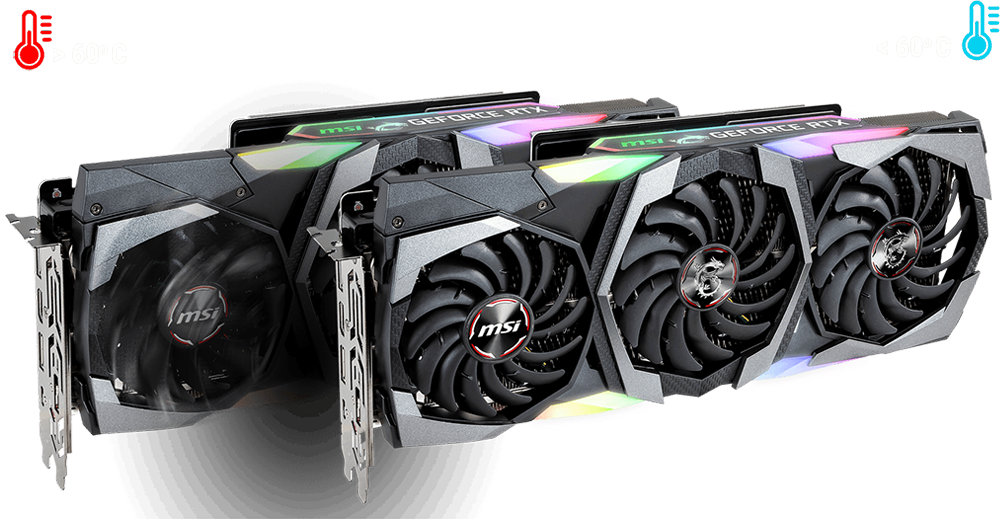 Two MSI GeForce RTX 2070 Graphics Cards Lying Horizontally, Angled to the Right with One in Front of the Other. The Back Graphics Card Has Its Fans Spinning To the top left of the graphics card is a red thermometer graphic with text that reads: greater than 60 degrees Celsius, and the top right has a blue thermometer graphic with text that reads: Less than 60 degrees Celsius