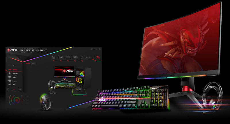 an interface of Mystic Light Software placed alongside a gaming monitor