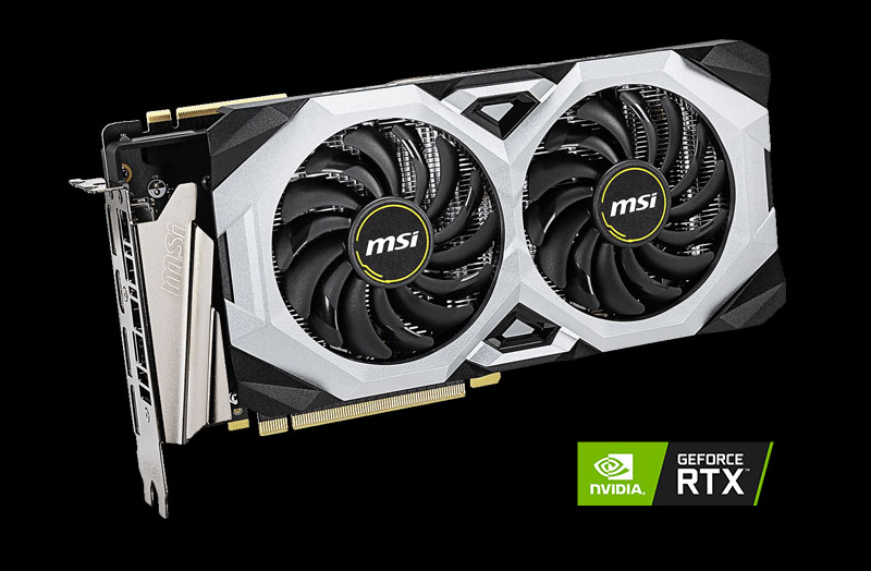 MSI GeForce RTX 2080 VENTUS GP 8G video card angled to right with a NVIDIA RTX logo
