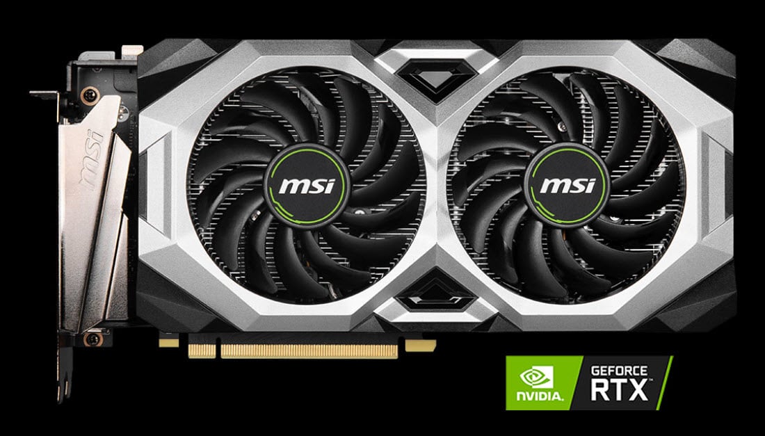 MSI GeForce RTX 2060 SUPER VENTUS XS OC video card angled to right with a NVIDIA RTX logo