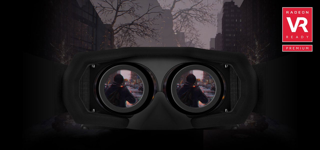  Looking into a VR headset, with screen showing a character in a game. The background is the game scene  