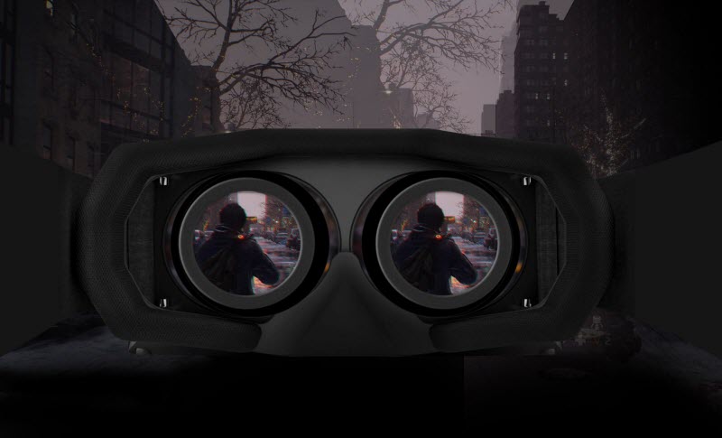 a VR headset showing a man standing on the street