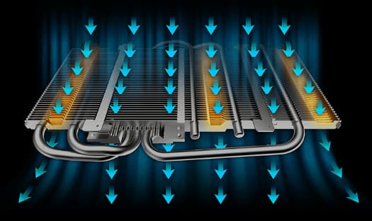 blue arrows pointing the airflow direction within the heat sink