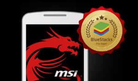 The top part of a phone with MSI logo on it and a stamp of BlueStacks next to it