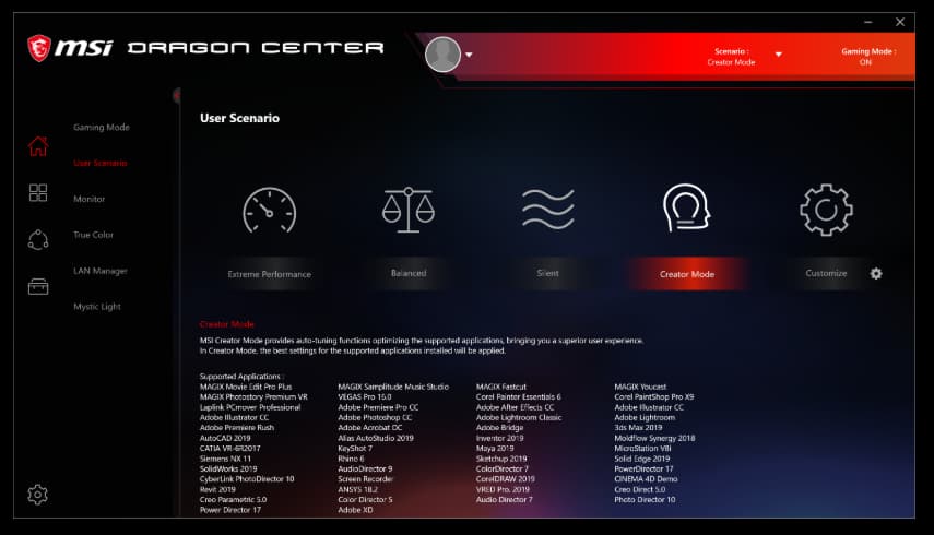 The User Scenario Interface for MSI Dragon Center