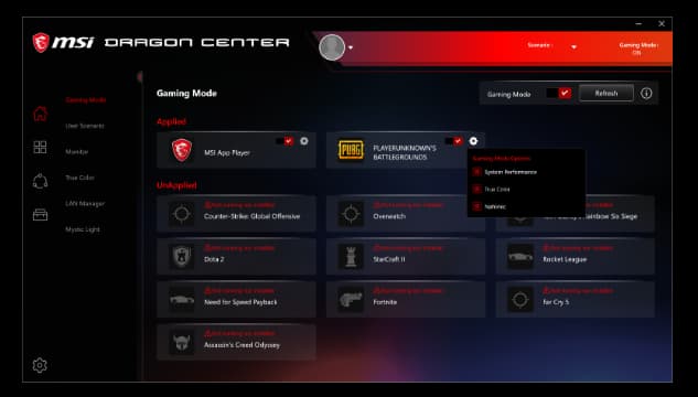 The Gaming Mode Interface for MSI Dragon Center