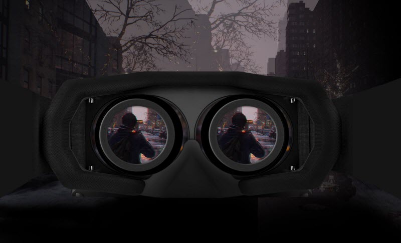 Part of a scene is displayed on the lenses of VR goggles.