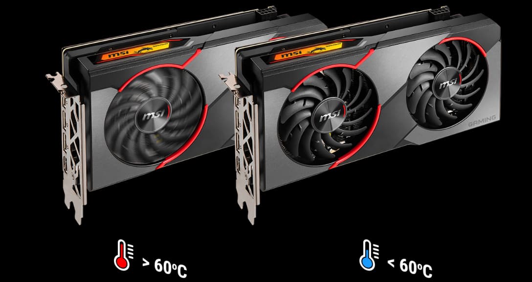 Two graphics cards, one's fans spinning when temperature is >60 degrees Celsius and the other's fans staying static when temperature is <60 degrees Celsius, are next two each other.